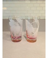 Vintage 70s set of 2 Color Base (pink) with etched flower cocktail glasses - £15.71 GBP