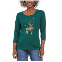 Karen Scott Womens Petite PS Spruce Night Green Reindeer Scoop Neck Top ... - £15.43 GBP