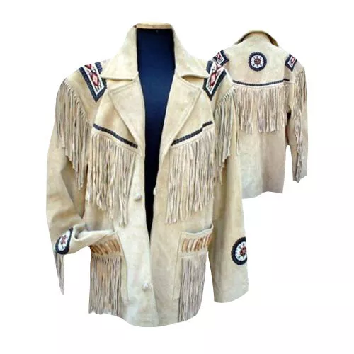 Men&#39;s American Beige Suede Jacket Handmade Indian Bead work, Fringe Cowboy Style - £71.17 GBP+