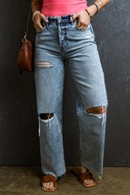 Light Blue Distressed Ripped Raw Hem Straight Jeans - £44.27 GBP