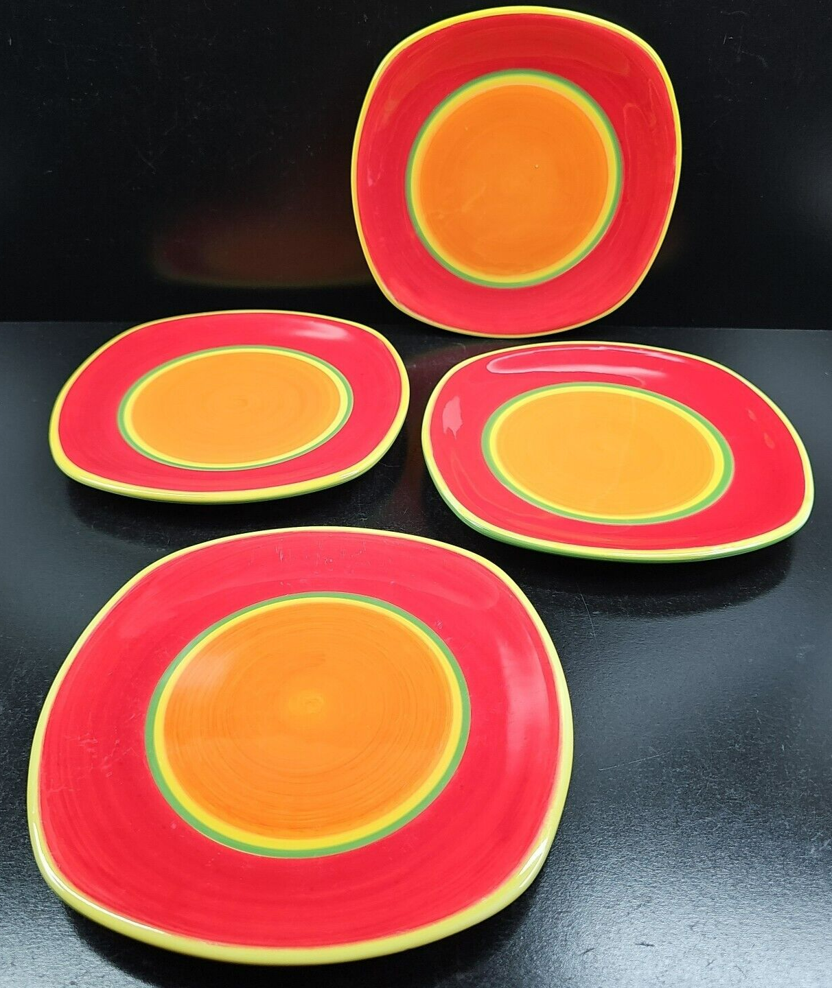 Primary image for (4) Dansk Caribe Aruba Orange Square Salad Plates Set Red Green Yellow Rings Lot