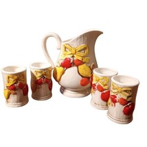 Vtg Napcoware Pitcher &amp; 4 Cups Embossed Off White Yellow Bow Fruit Japan C-8257 - £26.12 GBP