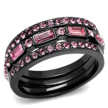 Pink Crystal Three Ring Stackable Set Black Plated Stainless Steel TK316 - £21.64 GBP