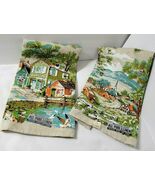 NOS PARISIAN PRINTS 2 Vtg. Linen Towels Aqua Green Orange Scenic Country... - $646.94 MXN