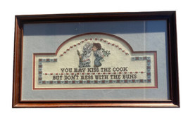 Hand Stitched Needlepoint Framed Kiss The Cook But Not The Buns Vintage - $47.51