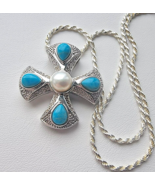 EA 925 STERLING SILVER TURQUOISE AND PEARL CROSS PENDANT NECKLACE - £73.14 GBP