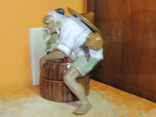 Chinese Mud Man/ Men 6&quot; Fisherman w/ wicker Basket marked China mudman W... - $16.19