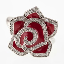 Rosso Scuro Smalto &amp; Diamante Fiore Anello Argento Sterling (Misura 10.25) - $147.50