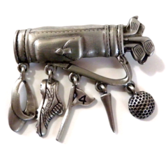 Vintage JJ Jonette Pewter Golf Bag Bar Brooch w/ Golfing Dangles Costume Jewelry - £14.99 GBP