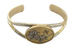 Reed &amp; Barton Cuff Bracelet Minimalist Damascene July Larkspur Flowers Gold Tone - £19.68 GBP