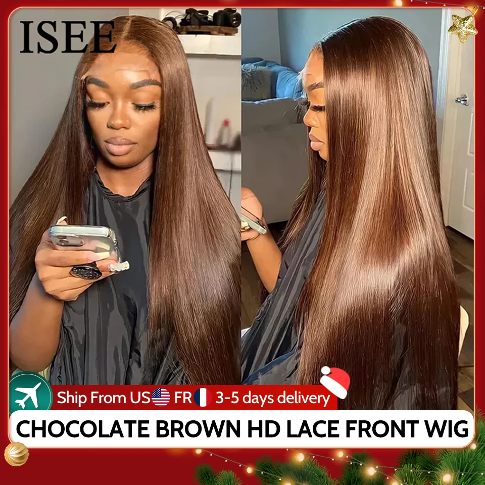 ISEE Hair Wig Brazilian Straight Chocolate Brown Lace Front Wig 13x4  Color - £95.57 GBP+