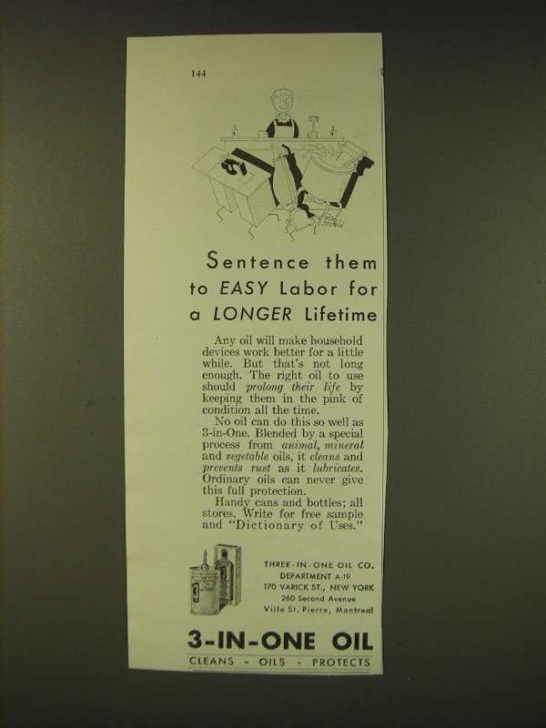 Primary image for 1931 3-in-one Oil Ad - Sentence them to easy labor for a longer lifetime