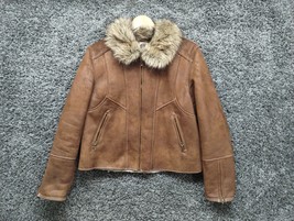 Giacca Jacket Women XL Brown Faux Leather and Faux Fur Trim Full Zip She... - £29.59 GBP