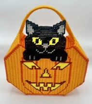 Halloween Pumpkin Treat Basket Black Cat Completed Yarn Craft Bucket Vin... - $14.99