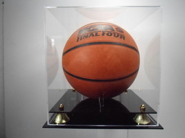 Basketball Display Case acrylic with two-tier black base. Gold corner ri... - $41.33