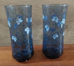 Libbey Tawny Floral Blue Drinking Glasses 6.5&quot; Set 2 Tall Tumblers Vintage - £17.22 GBP