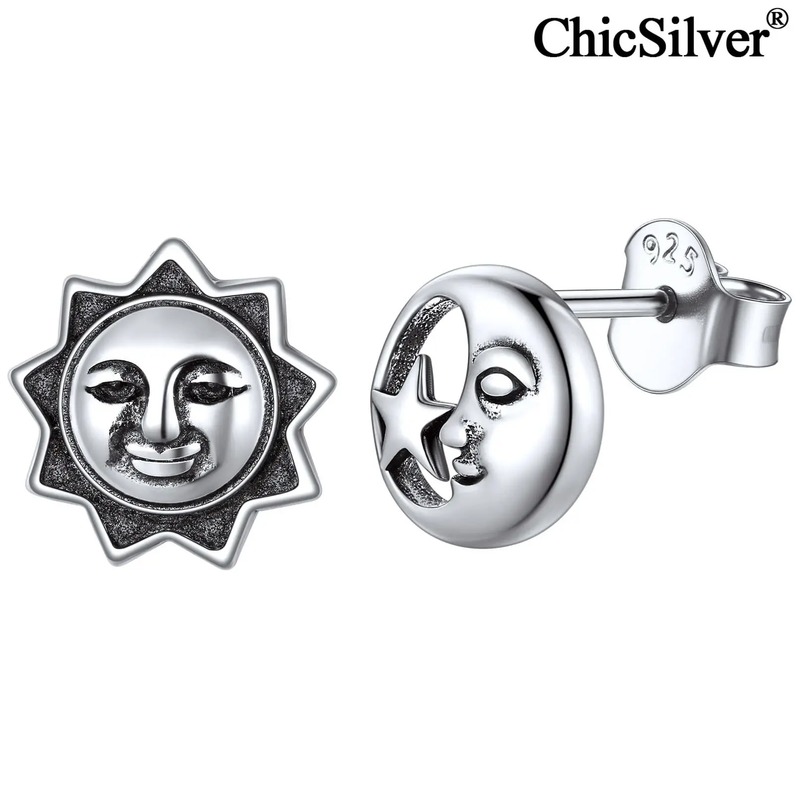 Sun Moon Star Stud Earrings for Women Men Hypoallergenic 925 Sterling Silver Vin - £59.37 GBP