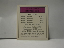 1985 Monopoly Board Game Piece: States Ave Title Deed - $0.75