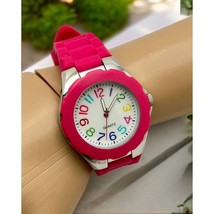 Bright Pink Silicone Quartz Watch Colorful Rainbow Numbers Silver Tone - $17.47