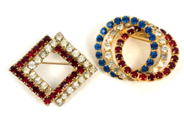 Vintage Rhinestone Brooch Lot 2 Prongs Patriotic Red White Blue Circles ... - €24,89 EUR