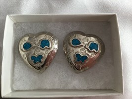 TRIFARI Casuals Silver Tone With Genuine Turquoise Large Heart Earrings Clip On - £10.25 GBP