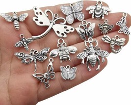 8 Bee Charms Butterfly Pendants Antiqued Silver Assorted Set Insect Wasp - $6.14