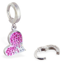 Sterling Silver Belly Ring with Heart Drop Charm Encrusted with Pink &amp; Clear Swa - £55.21 GBP