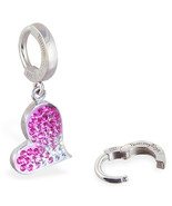 Sterling Silver Belly Ring with Heart Drop Charm Encrusted with Pink &amp; C... - £55.45 GBP
