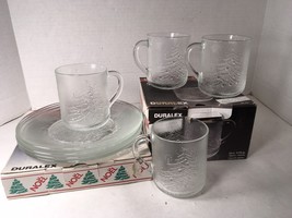 Vtg Christmas Tree Glass Mugs &amp; Dessert Plates Duralex France Emossed Duralex - £10.82 GBP