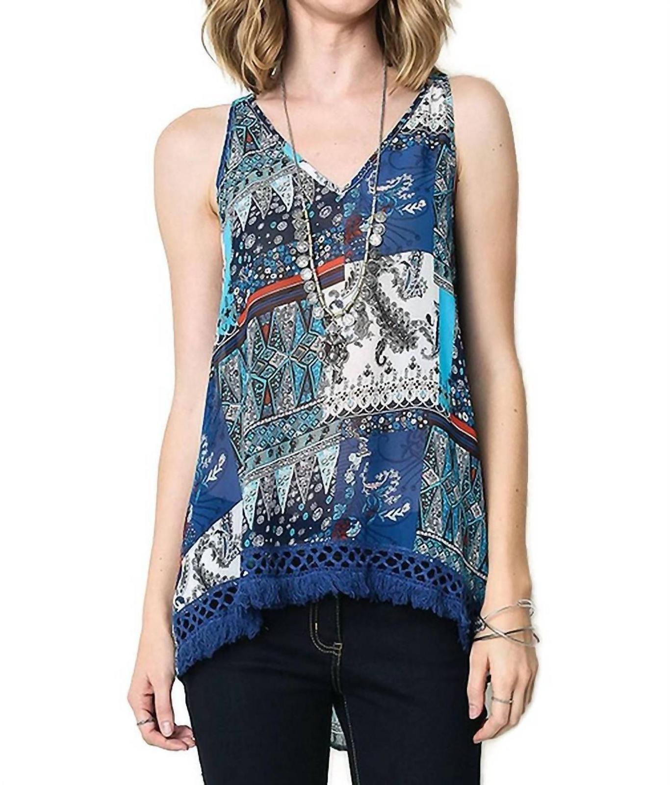 Umgee Crochet Fringe High Low Tank Blue - $42.00