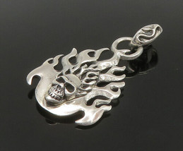 925 Sterling Silver - Vintage Skeleton Head &amp; Fire Flames Pendant - PT18614 - £73.26 GBP