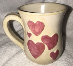 Studio Pottery Beige Handmade Coffee Mug Tea Cup Applied Hearts 3-D Signed - £11.73 GBP
