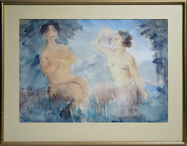 Modernist watercolor Two Nudes Bacchantes by Albert Hoffsten ca 1922  - £380.23 GBP