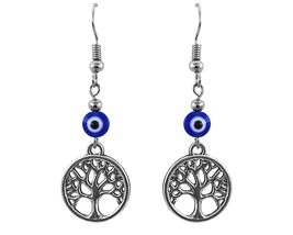 Round Silver Metal Tree of Life Charm Evil Eye Nazar Beaded Dangle Earrings - Wo - £13.32 GBP