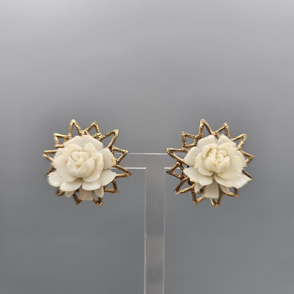 Vintage Celluloid Flower Earrings Clip On Gold Tone Starburst Cream Rosette - $19.99