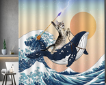 Funny Shower Curtain Brave Cat Holding Trident Arrow Riding Shark in Oce... - $35.36