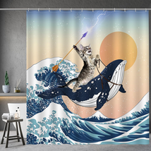 Funny Shower Curtain Brave Cat Holding Trident Arrow Riding Shark in Ocean Wave, - £27.94 GBP