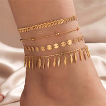 18K Gold-Plated Wheat Chain Leaves Anklet Set - £11.70 GBP
