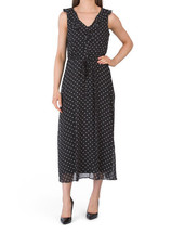 New Anne Klein Black Dots Chiffon Midi Flare Belted Dress Size 12 - $79.99