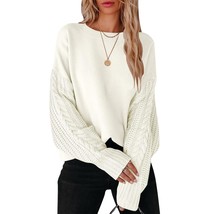 Women&#39;S Crewneck Long Sleeve Drop Shoulder Casual Solid Cable Knit Chunky Contra - £59.41 GBP