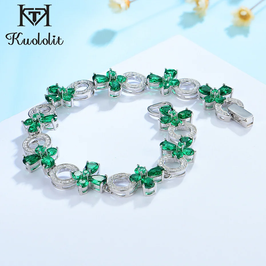 Emerald Gemstone Bracelets for Women Solid 925 Sterling Silver Jewelry Charm Flo - £129.84 GBP