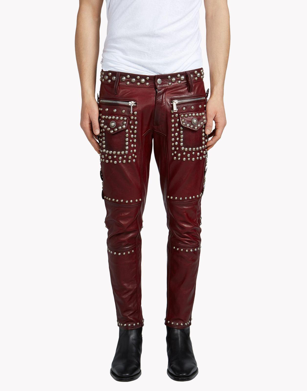 Women Maroon Silver Studded Leather Pants Mono ectric, Women Wasit Belted Pants