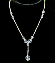 Tiny Faux Pearl &amp; Clear Glass Bead Necklace Vintage Dropped Front Dangle 16&quot; - £13.53 GBP