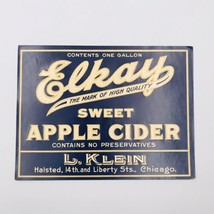 Vintage Original Elkay Sweet Apple Cider Blue Label L Klein Chicago IL  - £16.74 GBP