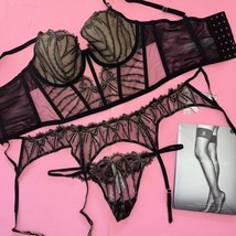 Victoria&#39;s Secret 36D Corset Top Bra Set+Garter+M Thong Black Gold Bow Embroider - £126.46 GBP