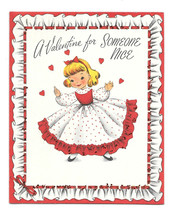 Vintage Valentines Day Greeting Card  Girl In Polka Dot Dress - $8.95