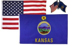 AES Wholesale Combo USA &amp; State of Kansas 3x5 3x5 Flag &amp; Lapel Pin Fade Resist - £7.77 GBP