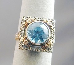 Art Deco 10k White Gold Blue Topaz Filigree Ring 18K Accents 6- STUNNING - $650.00