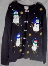 Vintage Ugly Christmas Cardigan Sweater Crystal Kobe Womens L Black Snowman Ski - £8.23 GBP