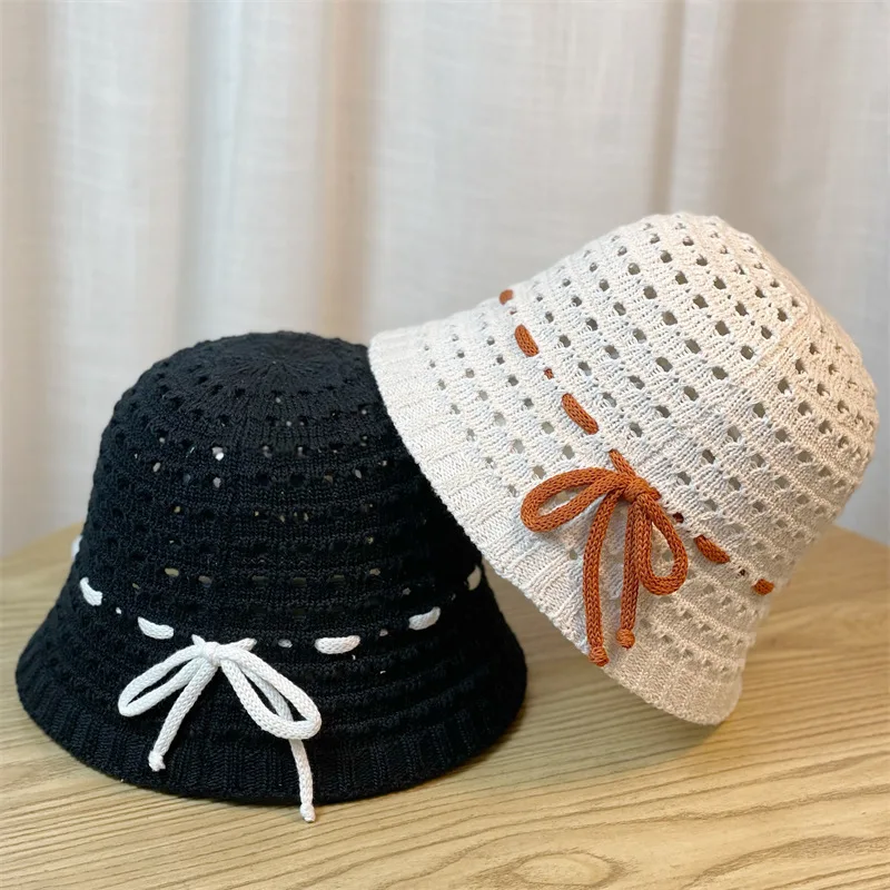 Korean version Sweet Bow Knitted Fisherman Hat Spring/Summer Hollow Breathable - £14.38 GBP